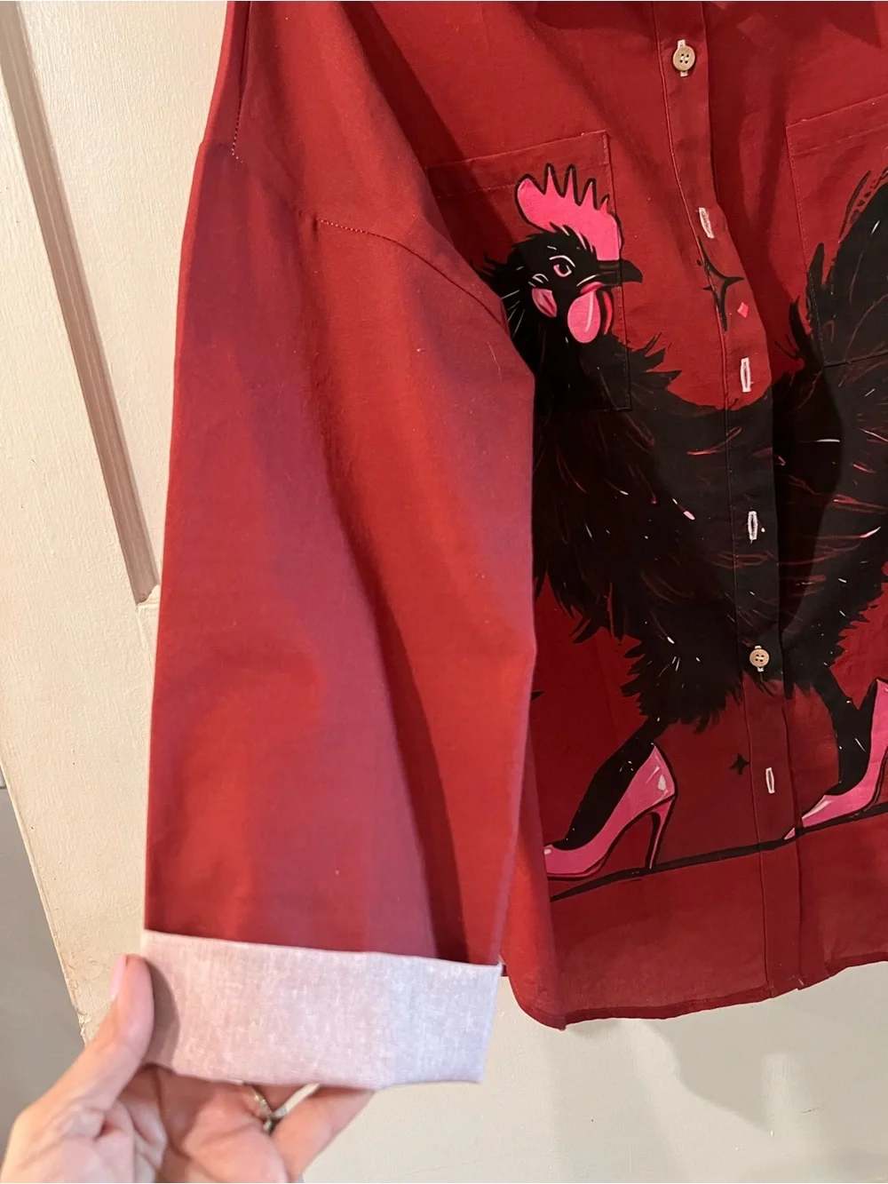 Women's Red Button-Down Shirt with Rooster Graphic